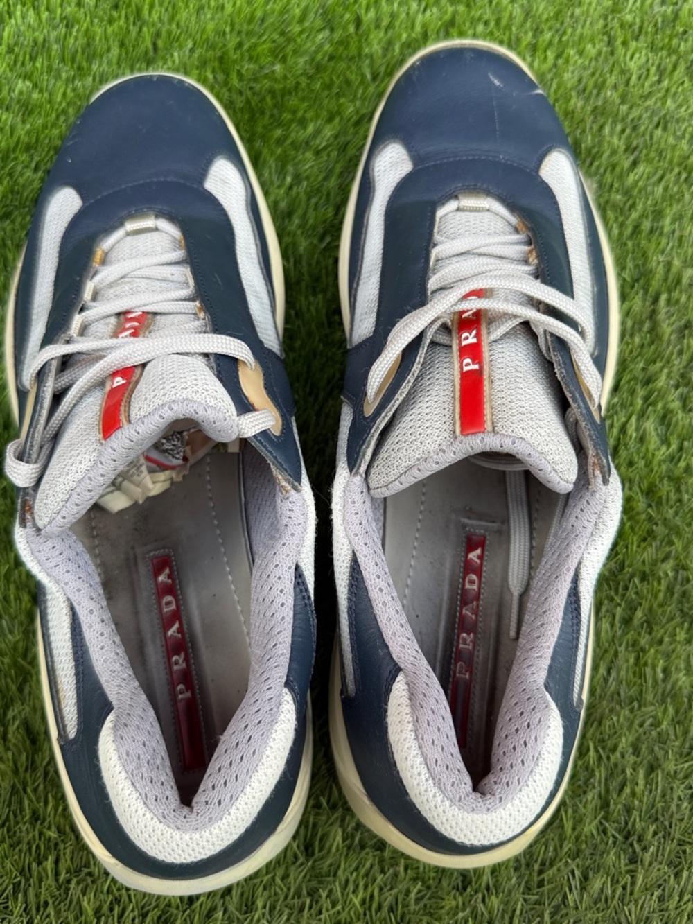 Prada Navy, Gray and Cream Men’s Leather Mesh Sneakers with Red Logo Stripe - Picture 5 of 8